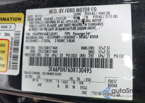 2013 Ford Fusion Se z USA, uszkodzony, nr VIN 3FA6P0H76DR130495